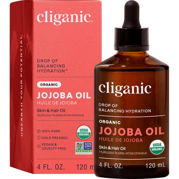 Cliganic | Aceite de Jojoba Orgánico | 100% Puro, Prensado en Frío | 120 ml (4 fl. oz.) | USDA Organic | Hidratante para Piel, Cabello y Rostro | Vegano | Cruelty Free