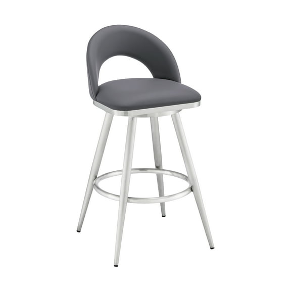 Armen Living Indoor Lottech Swivel Bar Stool in Brushed Stainless Steel with Black Faux Leather