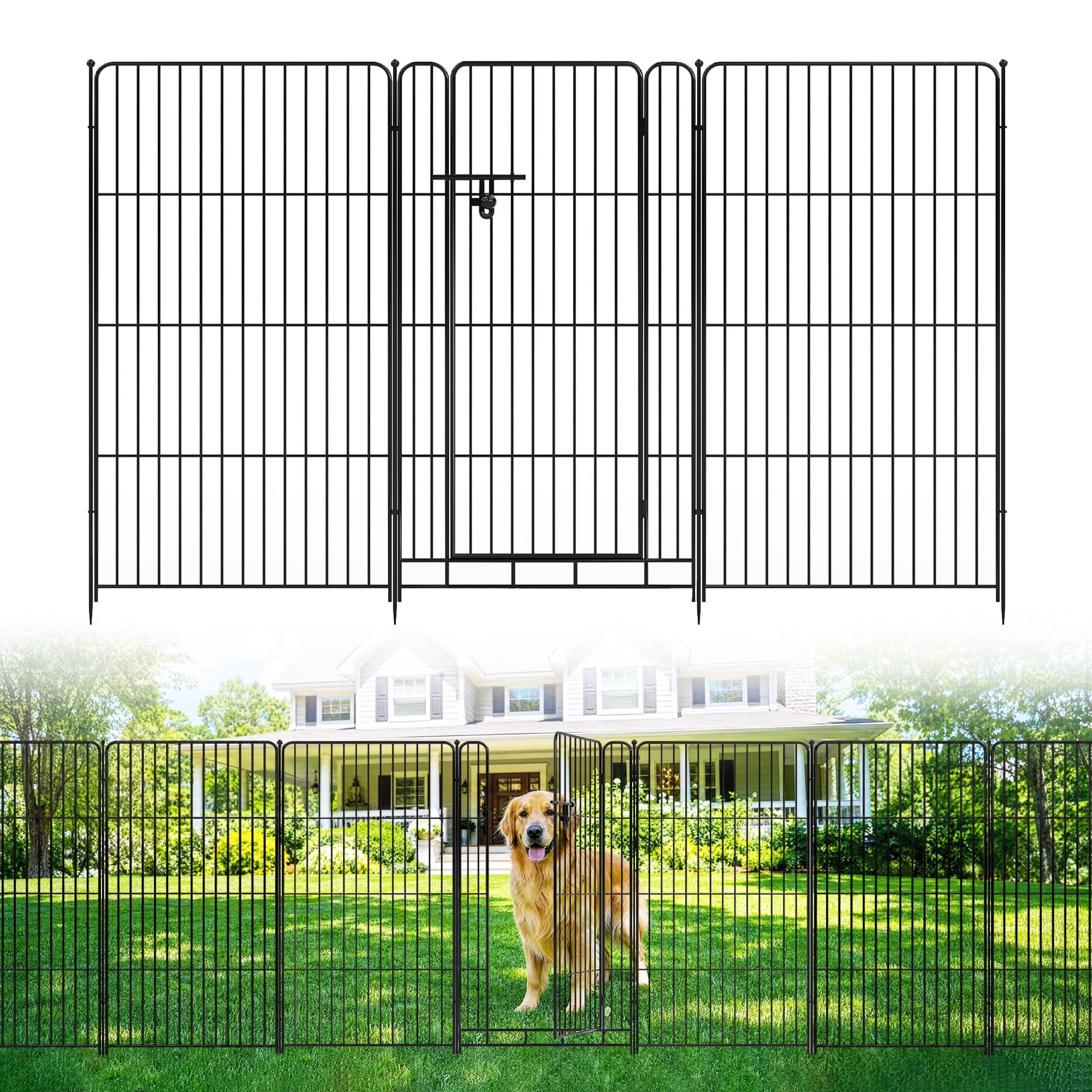 Metal Garden Fence Panels 8 Pack, 48x27 Inch No-Dig Animal Barrier with Gate, Decorative Iron Dog Fence for Outdoor Yard Patio Easy Assembly – Black