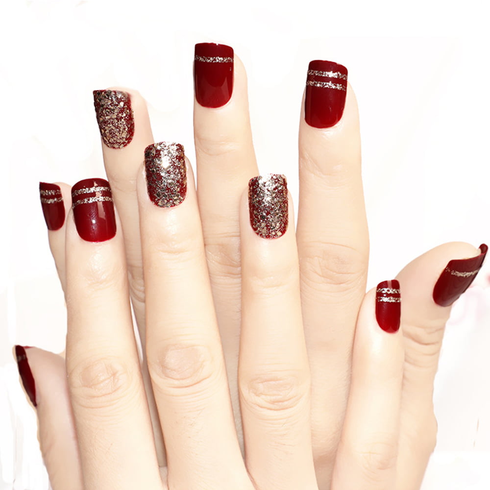 24Pcs Wine Red Champagne Shimmering Powder False Nails Women Fashion Finger  Nail Art Tips Artificial Manicure Set | Walmart Canada