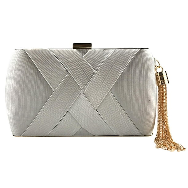 Bolso elegante de noche de satén de seda con colgante para mujer, bolso de mano para cóctel, boda Plata
