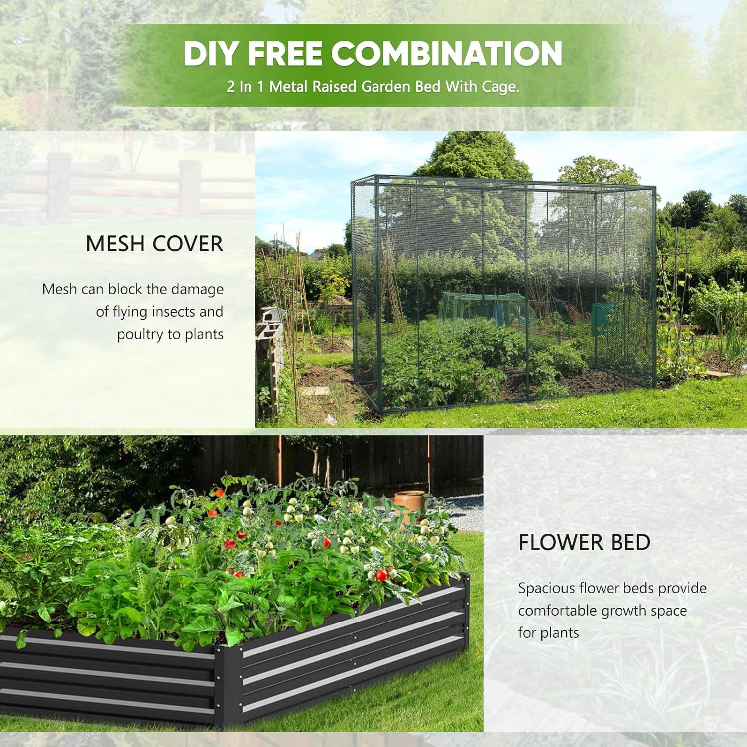 Slsy Galvanized Raised Garden Bed Kit w/Crop Cage Anti-Bird Netting Mesh Cover, 71" x 35.4" x 59" Large Metal Outdoor Planter Garden Boxes w/ 2 Roll-up Zippered Doors, for Vegetables Herbs Flowers