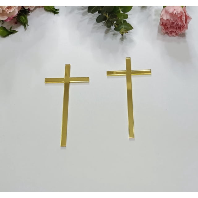 12 abalorios de acrílico delgado para tartas, confirmación de bautizo, espejo dorado, decoración de pastel de cruz acrílica (4 pulgadas)