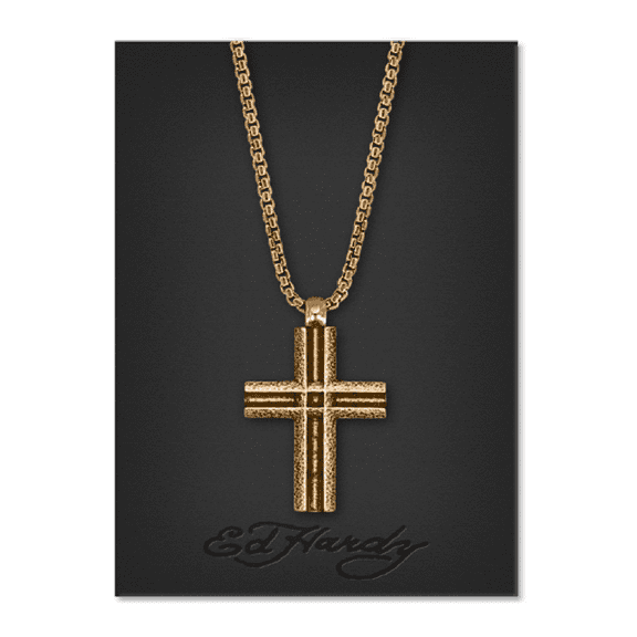 Ed Hardy Men's Burnished Gold Tone Metal Cross Pendant Necklace