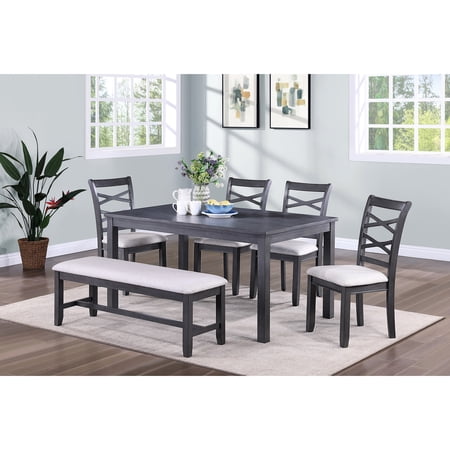 Contemporary Dining Room 6 : Rectangular Table 4 Side Chairs 1 Bench Cushioned Grey Rubberwood Modern 6pcs Configuration: Upholstered Grey Mix