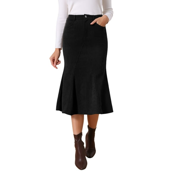INSPIRE CHIC Women's Corduroy Skirts High Waist Stretchy Midi Mermaid Skirt with Pockets Casual Work Fall Winter 2025 S Black