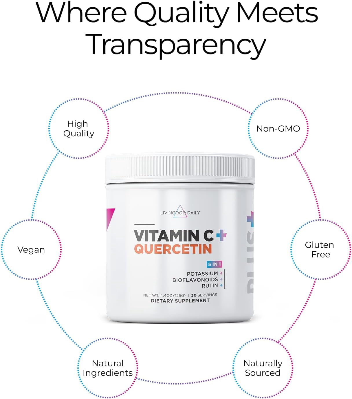 Livingood Daily High Dose Vitamin C Powder Supplement, 2,500 MG Ascorbic Acid Powder Supports Immunity & Skin Health, Powdered Vitamin C with Quercetin, Sweetened with Stevia, Vegan, 30 Servings