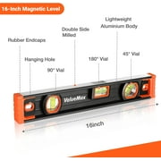 ValueMax 16-inch magnetic torpedo level, Aluminum Body with 3 High-Visibility Vials (45°/90°/180°), Overhead View Window, Rubber Endcaps, for Home & Outdoor Use