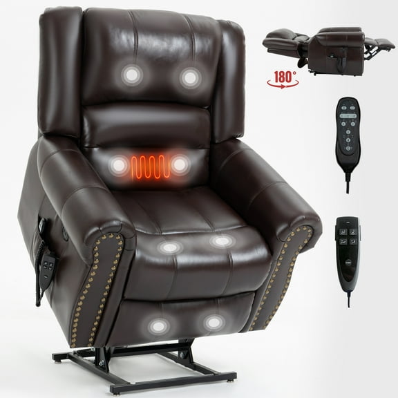 Newest Power Lift Recliner Chair Heat Massage Dual Motor Infinite Position Up to 350 LBS, Faux Leather, Heavy Duty Motion Mechanism with USB Ports, Brown