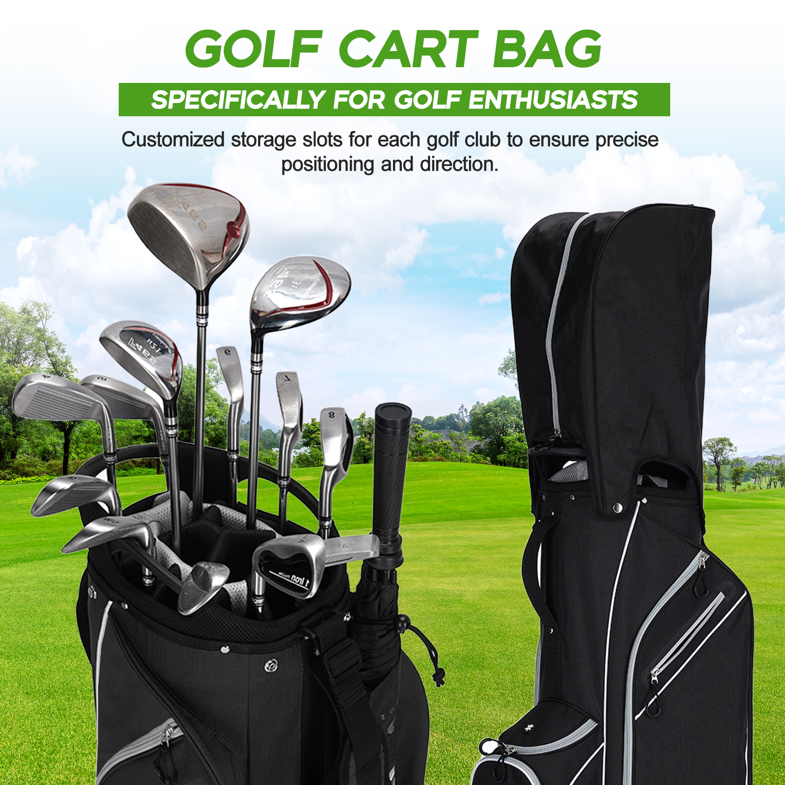 Lightweight Golf Cart Bag with 14-Way Full-Length Dividers, Cooler Pouch, Golf Bag for Men Women with Adjustable Padded Strap, Rain Hood, Golf Club Bag for Carts,black