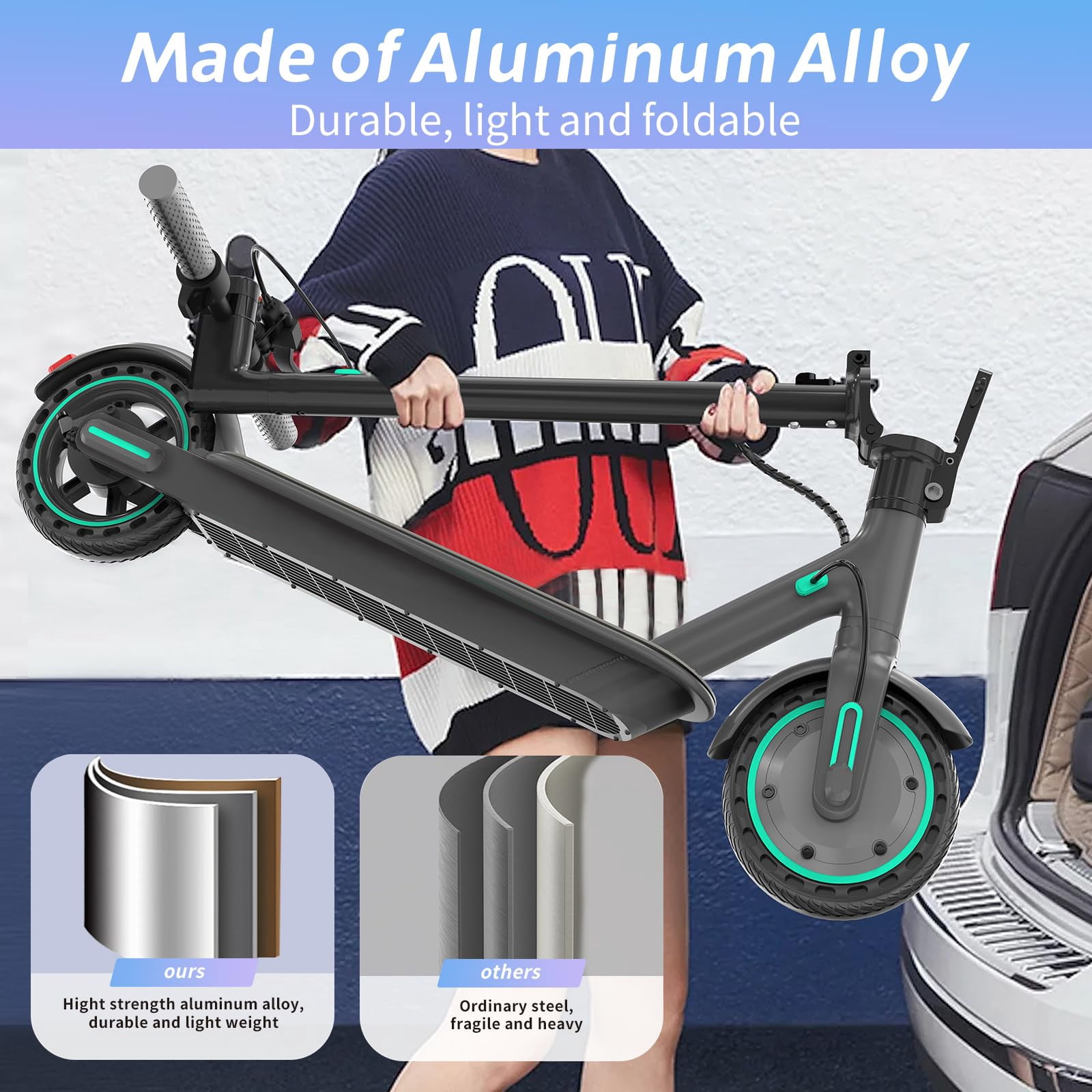 HiQiS Electric Scooter for Adult Teens, 350W Motor & Top 19 MPH, 15 Miles Long Range, 8.5" Solid Tires Lightweight E-Scooter for Commuter Blue