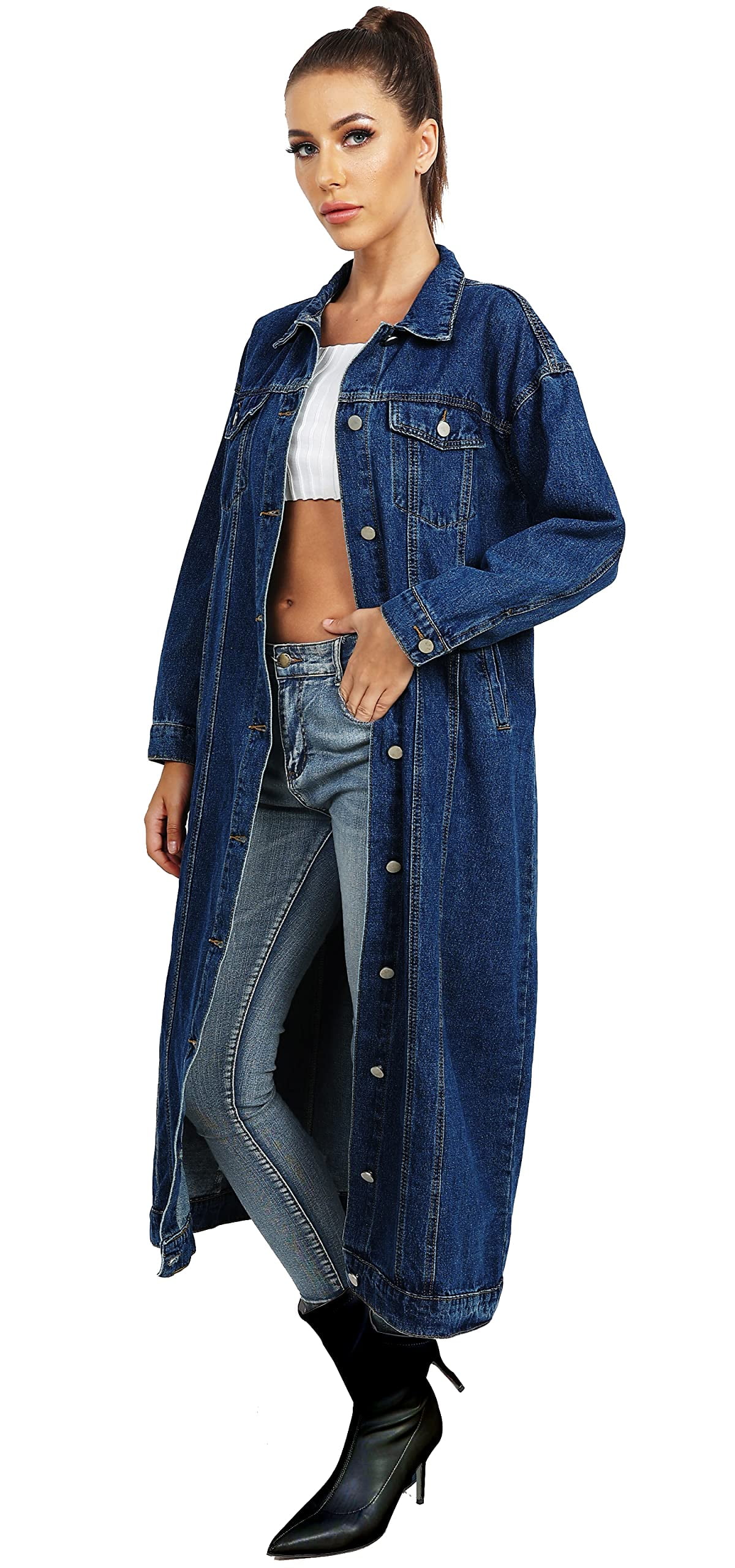 WSPLYSPJY Women's Classic Long Sleeve Denim Trench Coat