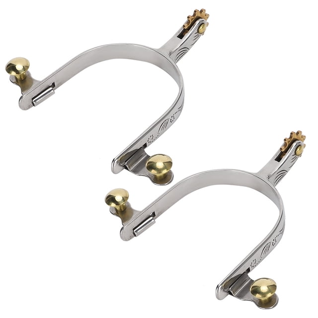 2 espuelas de caballo de acero inoxidable estilo vaquero occidental compactas con botón de cinturón de latón