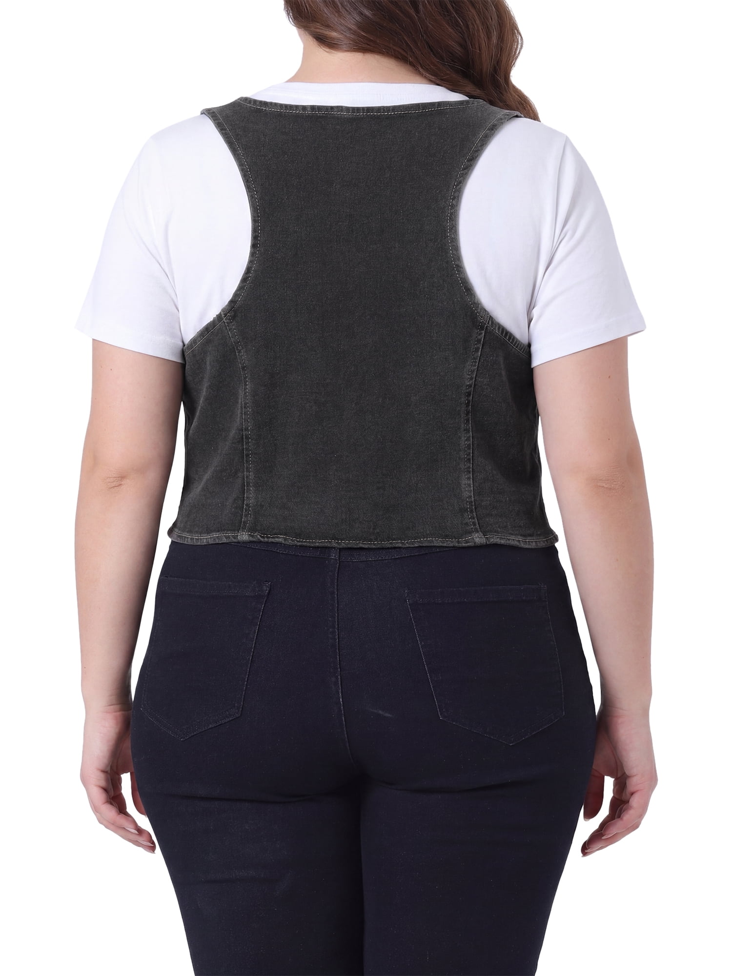 DARING DIVA Women's Plus Size Button Down V Neck Sleeveless Jean Waistcoat 2X Gray