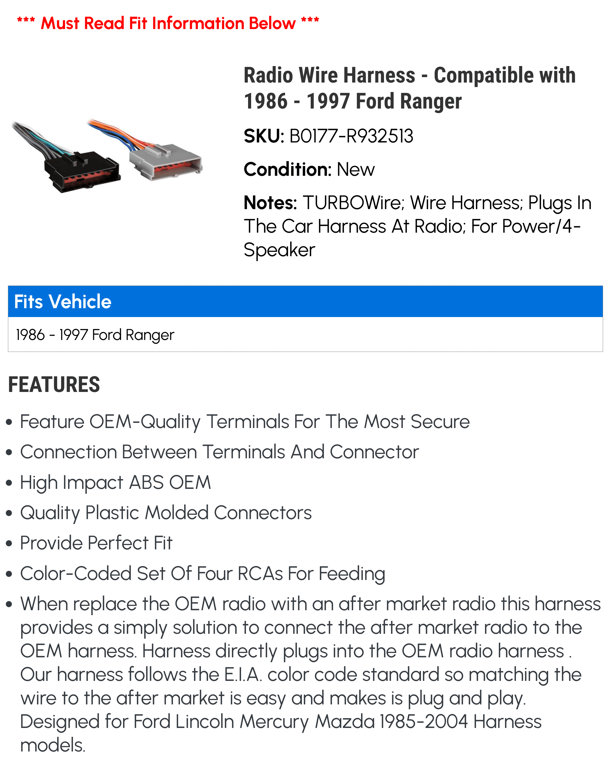 Harmony Audio Radio Harness Adapter - Fits 1986-1997 Ford Ranger Stereo Installation