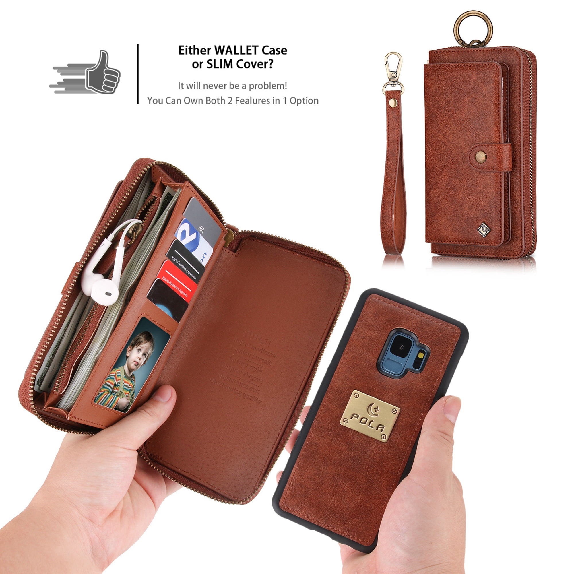 Galaxy S9 Wallet Detachable Case, Dteck [wrist band][14 Card Slots] Zipper Purse Phone Case Multi-functional Folio Flip PU Leather Removable Magnetic Back Cover For Samsung Galaxy S9,Brown