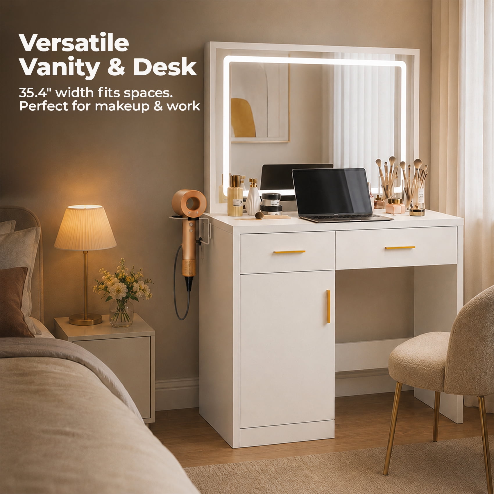 Alvantor Makeup Vanity Desk with Glass Top & LED Mirror, Adjustable Lighting, Storage Drawers, White