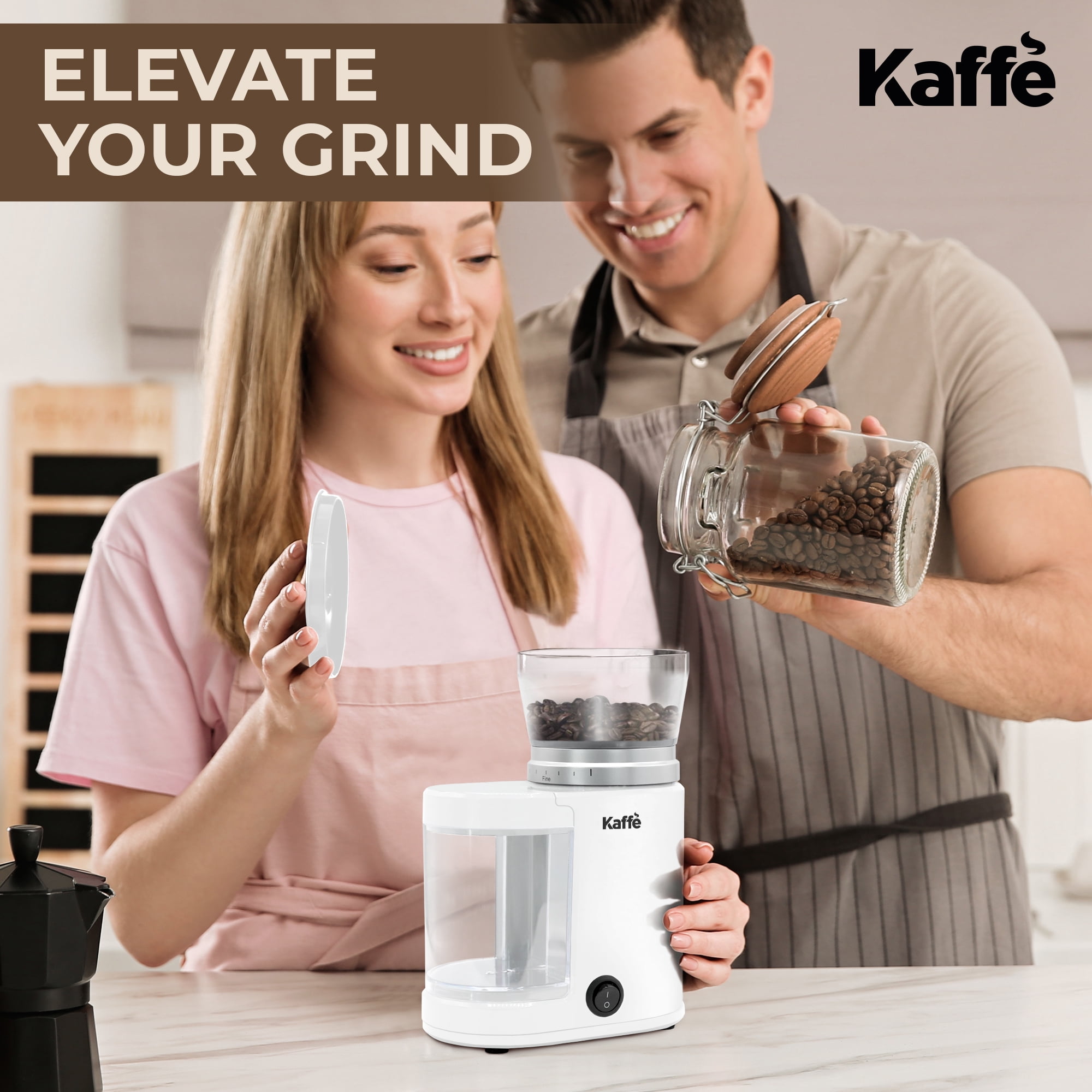 Kaffe Electric Burr Coffee Grinder (5.5oz) w/ Adjustable Coarseness Settings - Flat Burr - [New Upgraded Motor ] - Precision Coffee Bean Grinder for Home Use - White
