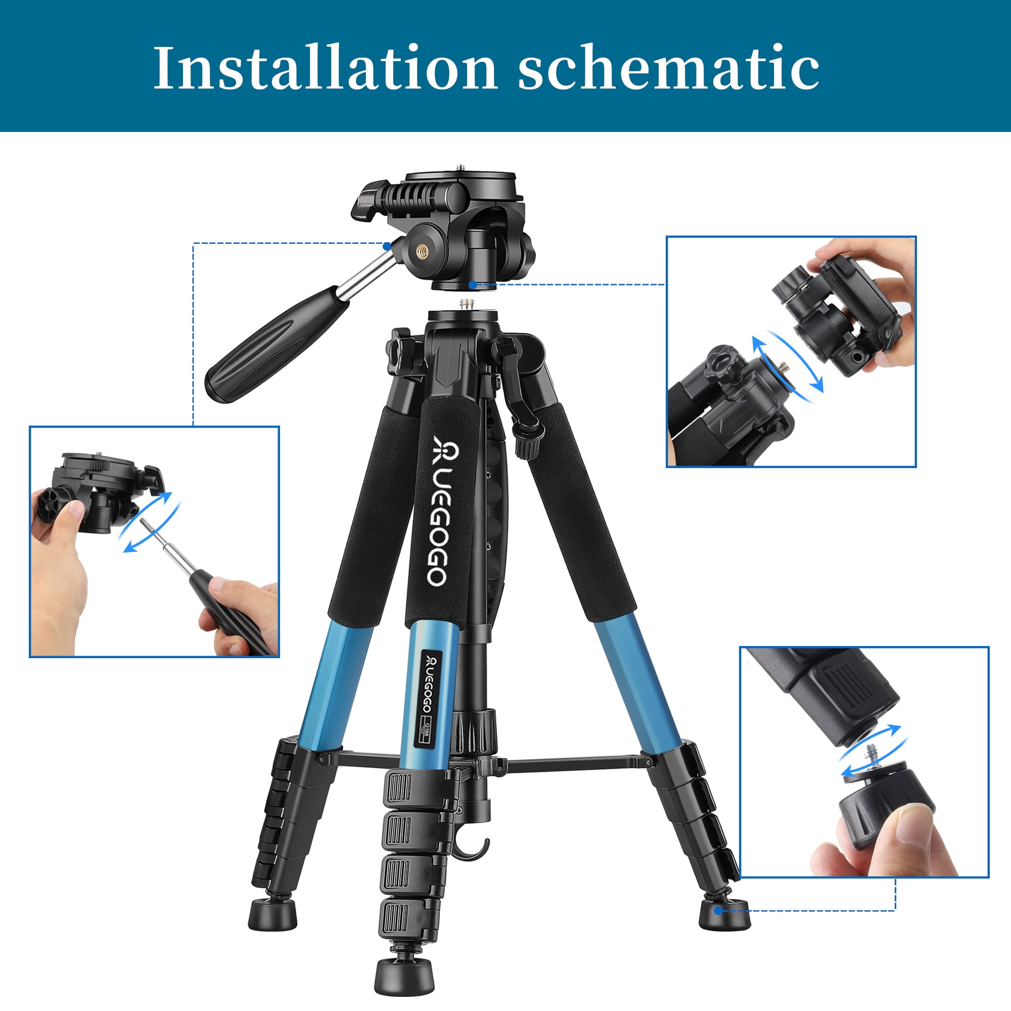 UEGOGO 74-inch camera tripod with travel bag, expandable camera tripod, T-phone stand + quick mounting pad, mobile phone live stand tripod removable pylon camera tripod