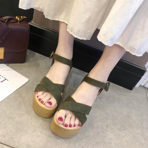 WIZUTIZ Platform Sandals Women Comfortable Sandals for Women Comfortable Outdoor Elastic Beach Sandals Pull-On Summer Shoes Flat Heel (O"-1) Wide Solid Sandals for Lady Travel Green