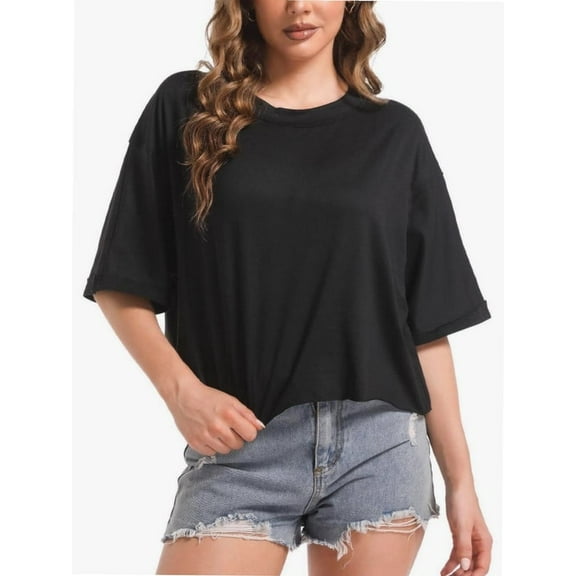Women's Oversized Workout Cropped T Shirts Crew Neck Short Sleeve Casual Loose Summer Crop Tee Tops