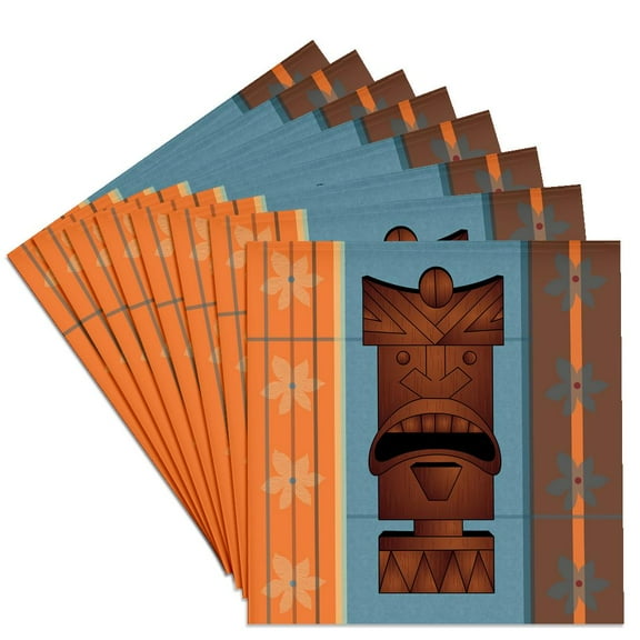 3drose, Wood Grain Tropical Tiki Mask - Hawaiian Flowers Orange Blue and Brown, Set of 8 Ceramic Tile Coasters