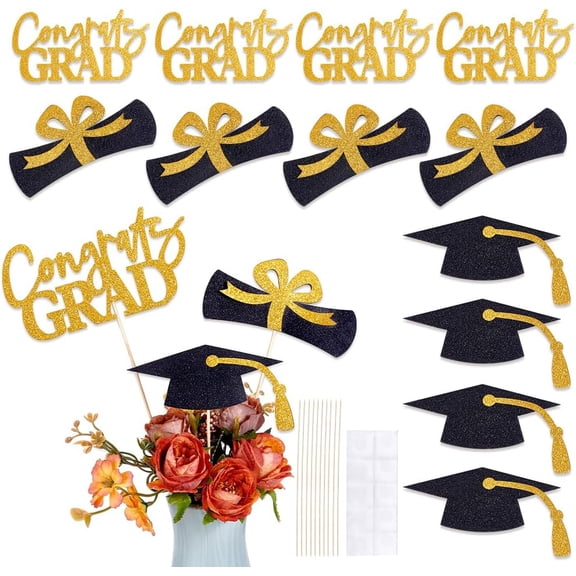 2 Set Paper Graduation Party Centerpiece Sticks Toppers for Party Decoration Supplies with Wood Bar Glue Black 216x126x0.4~0.9mm