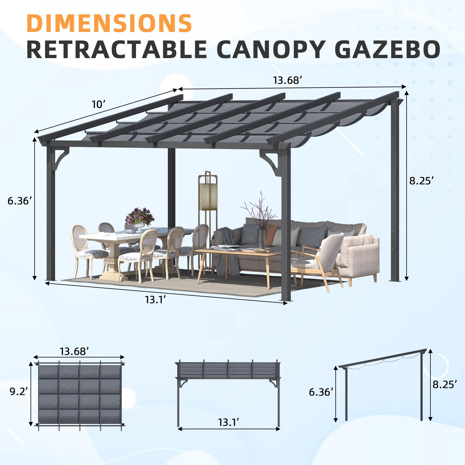 YODOLLA 14' x 10' Outdoor Lean to Gazebo, Retractable Pergola with Adjustable Sun Shade Canopy Roof, Aluminum Awnings ​for Garden, Patio, Backyard, Dark ​Gray