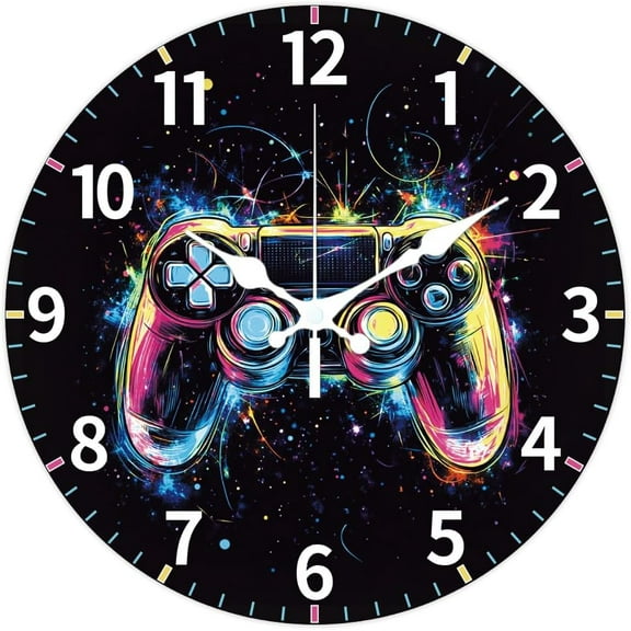 Colorful Gamepad Pattern Wall Clock 12 Inch Non-Ticking Clocks Round Wall Hanging Clock Battery Operated for Bedroom Living Room Kitchen Office