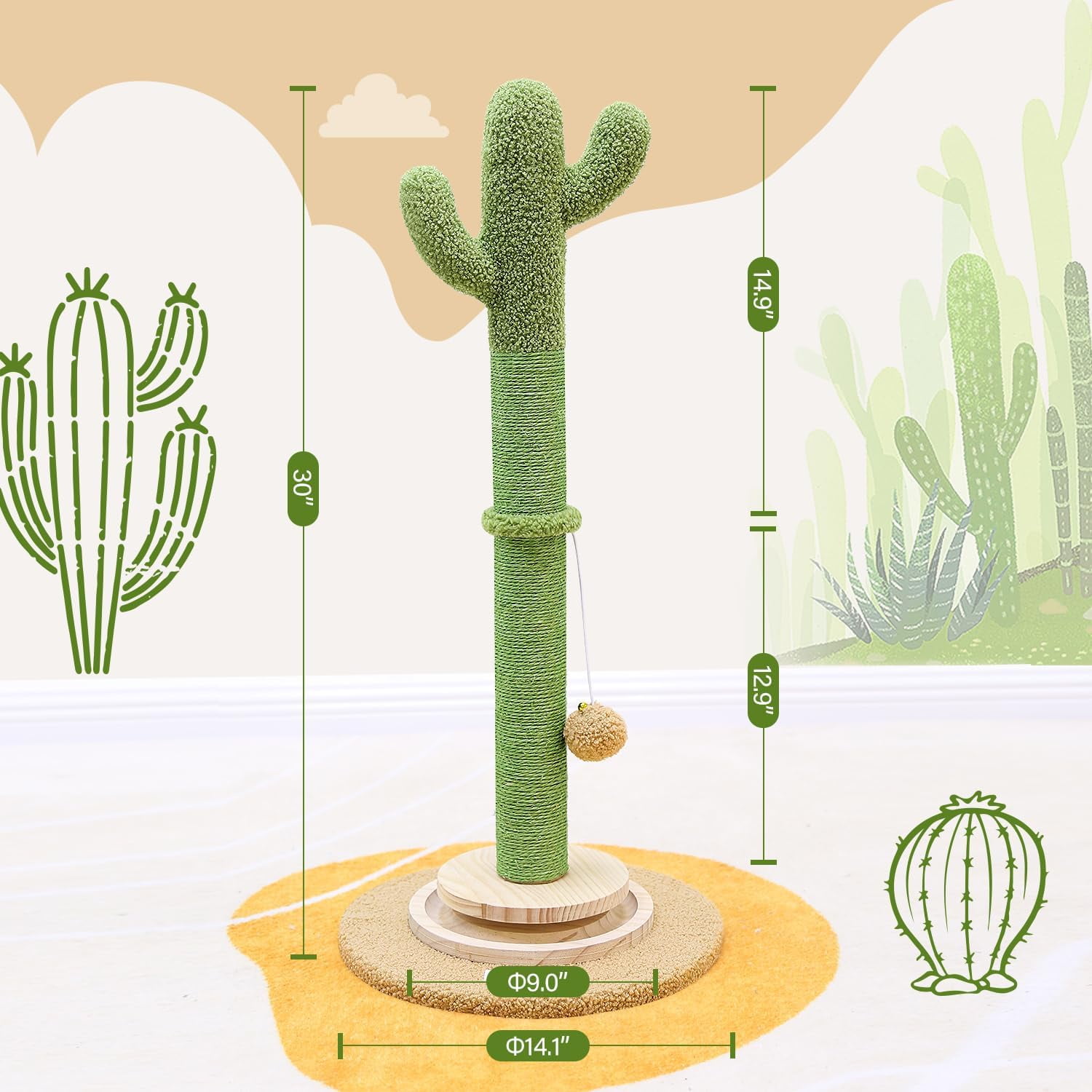 Tall Scratching Post for Cats, Cactus Cat Scratching Post Cat Scratcher Cute Sisal Large Cat Scratching Post with Modern Wooden Ball Tracking Interactive Toys, SC30