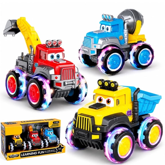 3 Pack Construction Trucks Toy for 1-3 Year Old Boys, Kids Friction Powered Trucks with Motion Activated LED Light Up Cars with Sound, Light Up Wheels, Birthday Gift for Toddlers