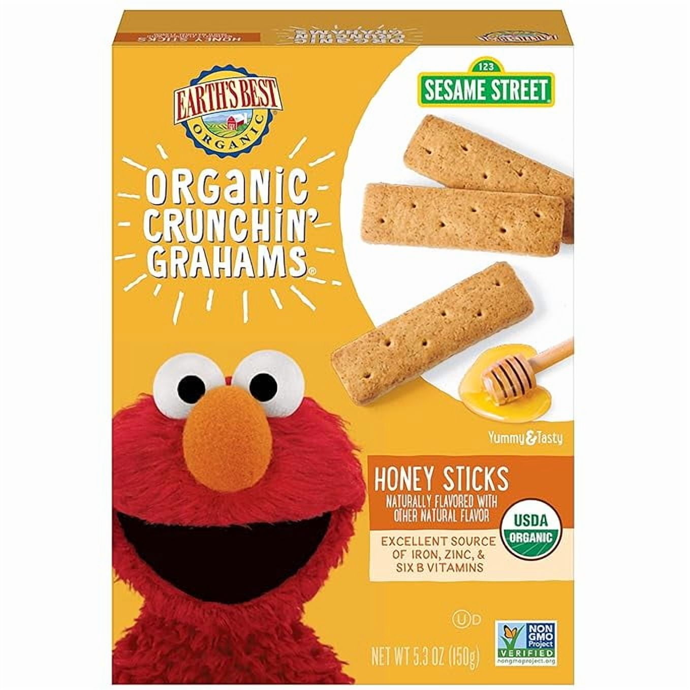 (1 pack) Earth's Best Organic Sesame Street Toddler Crunchin' Grahams, Honey Sticks, 5.3 oz. Box