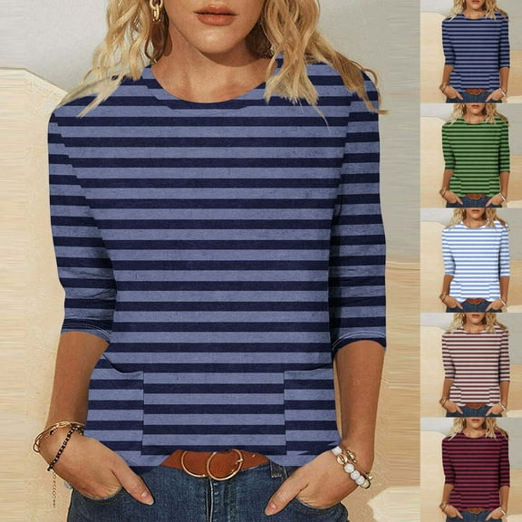 CYMMPU Shirts Striped 3/4 Length Sleeve Basic Tees Fashion Tunic Tops Business Work Blouses Crewneck Vintage Summer Fall 2025 Clothes for Women Blue L