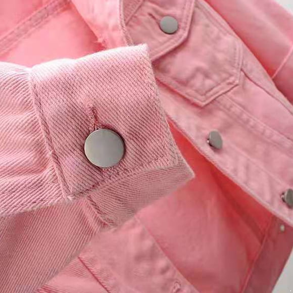 TTAO Women's Denim Jacket Button Down 3/4 Sleeve Crop Jean Jackets Coat With Pockets Pink 3XL