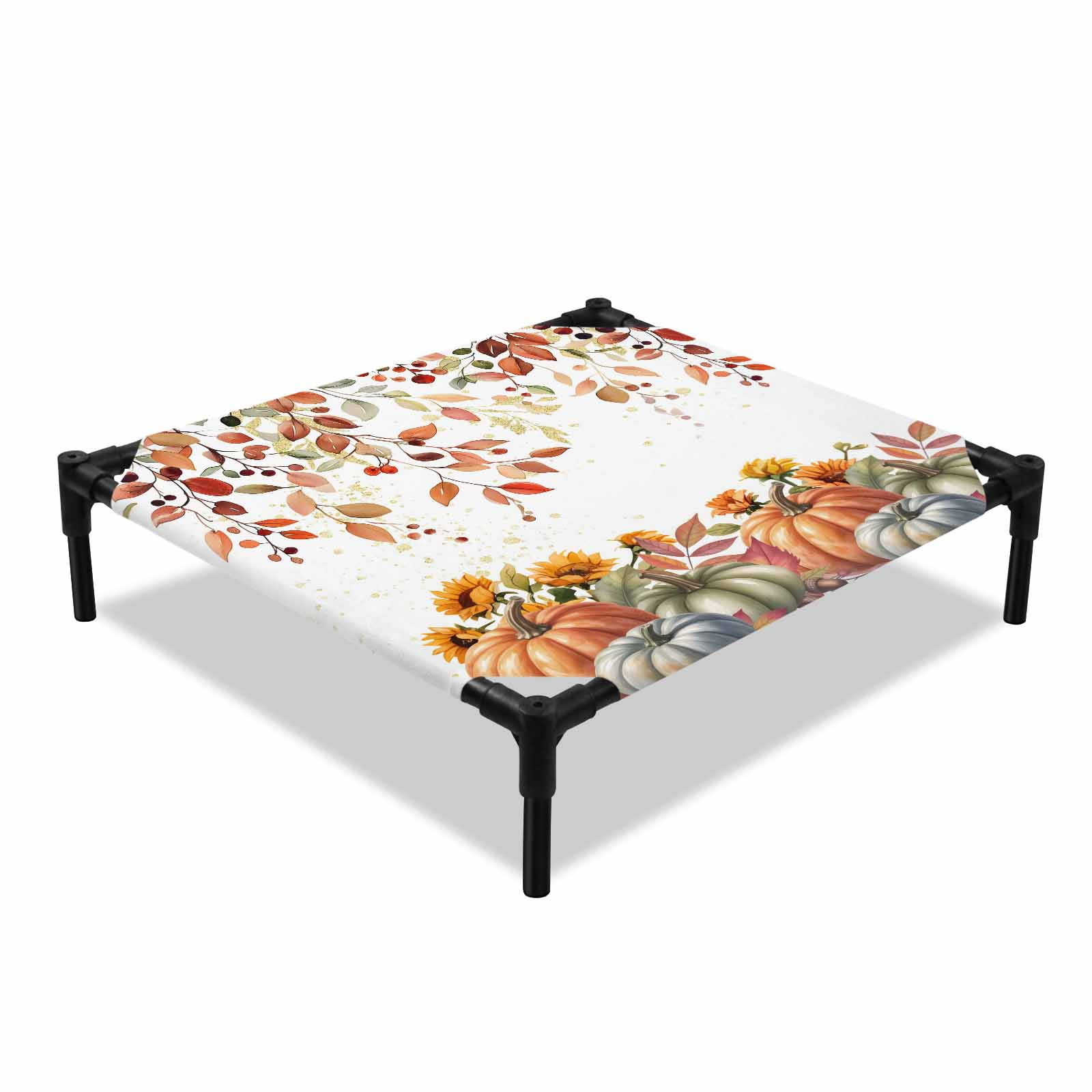 Fall Pumpkin Floral Elevated Dog Bed Watercolor Thanksgiving Cooling Breathable Outdoor Raised Dog Cot Bed with Metal Frame Non-Slip Feet for Small Dog 20x20in