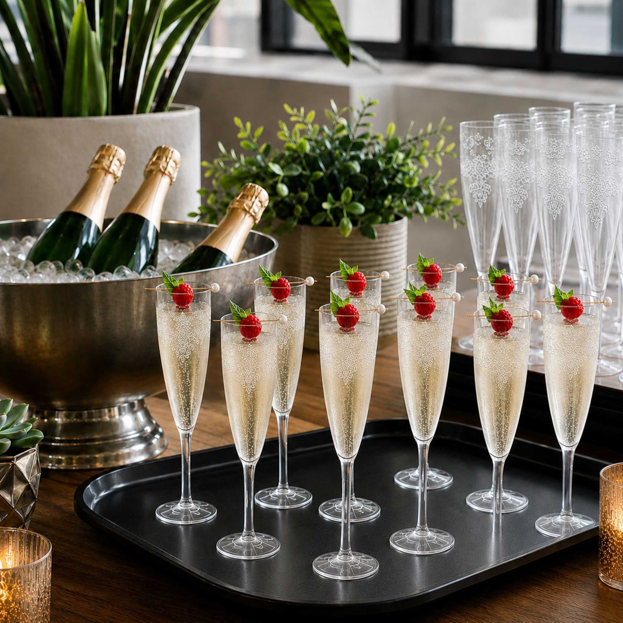 4 oz Clear Plastic Wedding Champagne Flute - 1-Piece - 7 1/2" x 2 1/4" x 2 1/4" - 20 count box