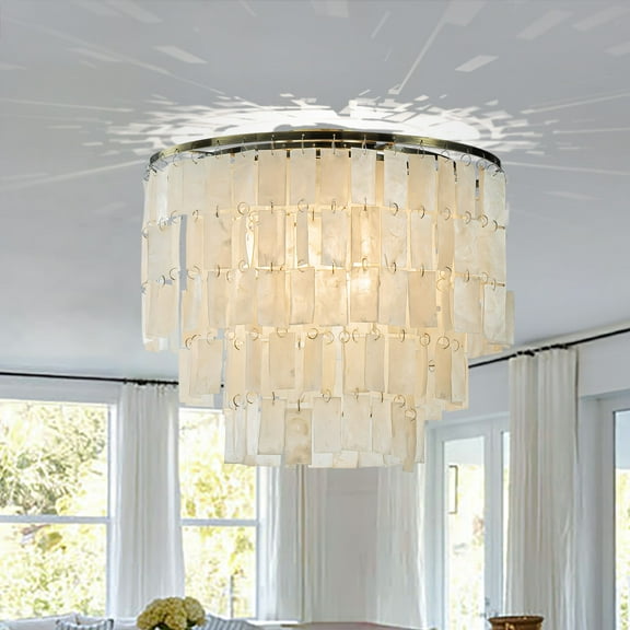 3-Light 18 in Coastal Capiz Seashells Chandeliers in Antique Bronze Farmhouse Natural Chandelier with Rectangle Shells for Dining Room