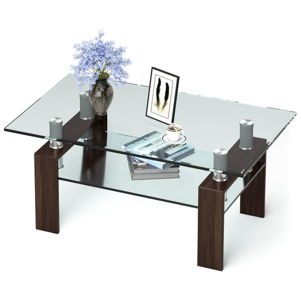 Giantex Table Basse en Verre Table Centrale à 2 Niveaux avec Étagère de Rangement Inférieure en Verre Trempé, Table de Cocktail Moderne avec Cadre en Métal, Table de Thé (Marron)