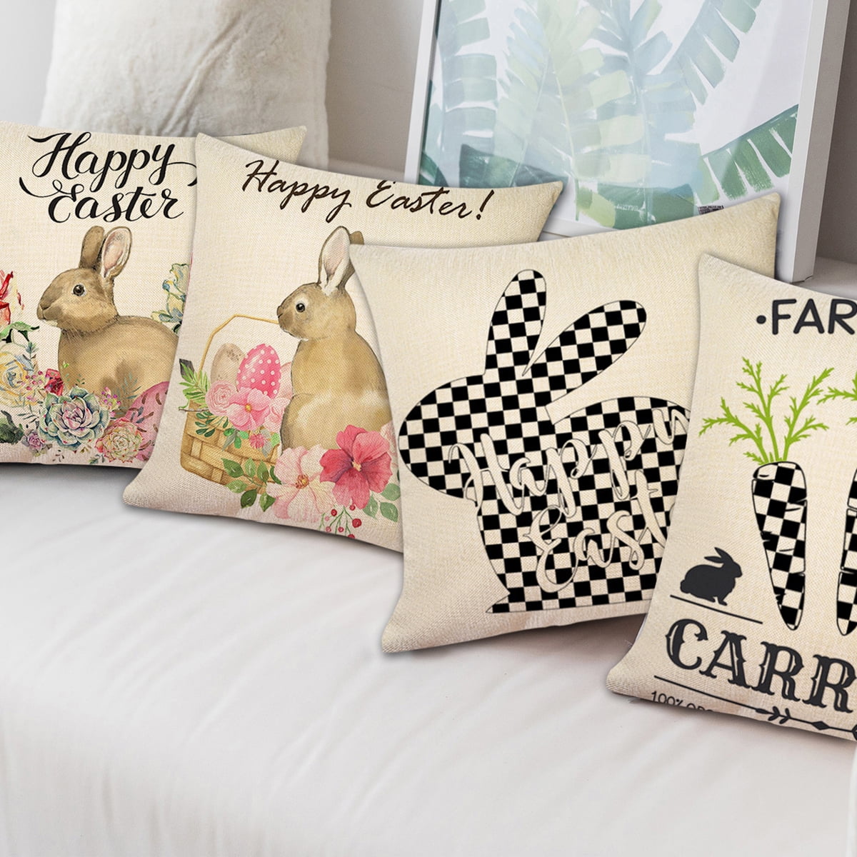 Happy Easter Colored Egg in The Basket Bunny Rabbit Chick Green Grass Blessing Gift Cotton Linen Square Throw Waist Pillow Case Decorative Cushion Cover Pillowcase Sofa 18x 18 