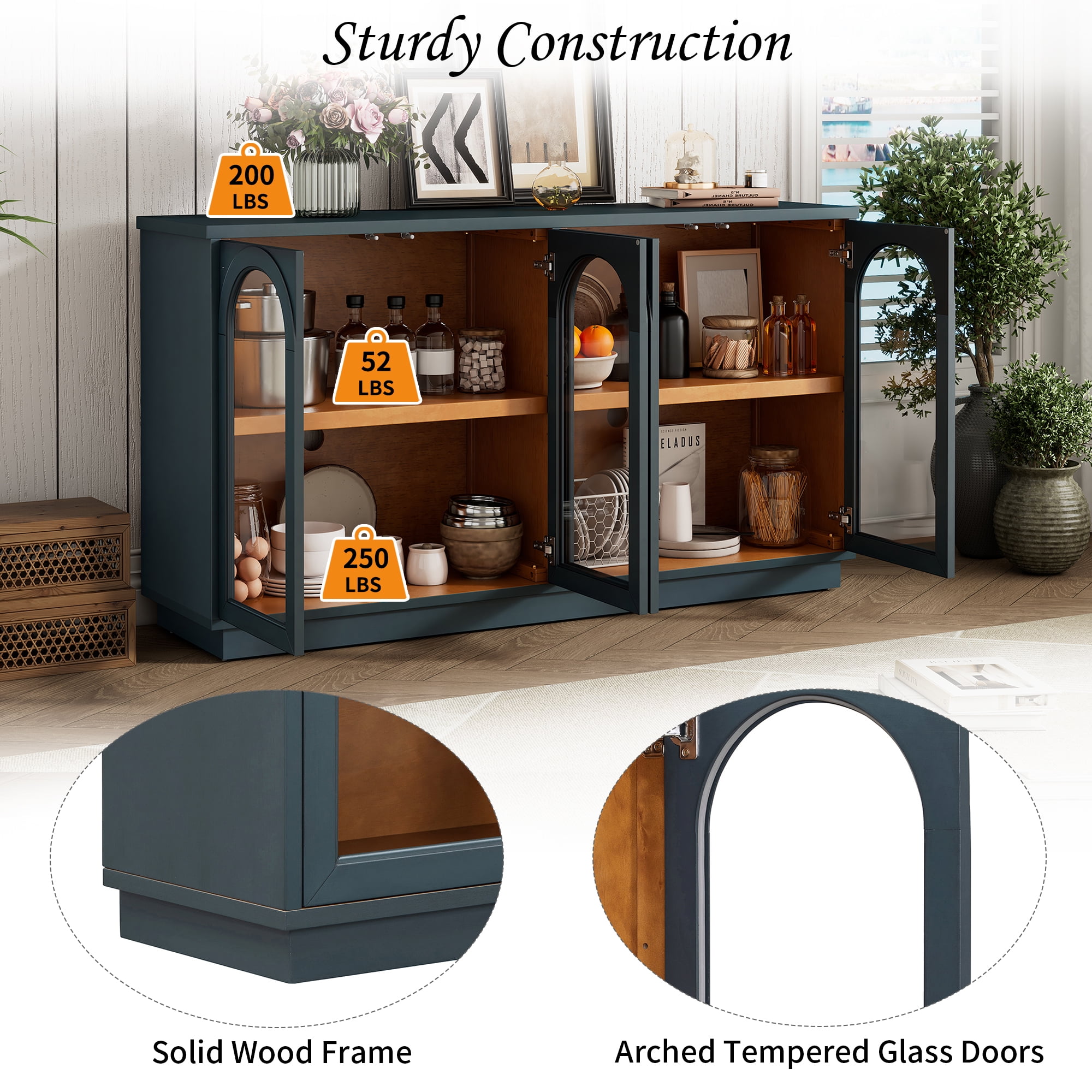 Aukfa Storage Buffet Cabinet with 4 Glass Doors, Large Arched Cabinet,Navy
