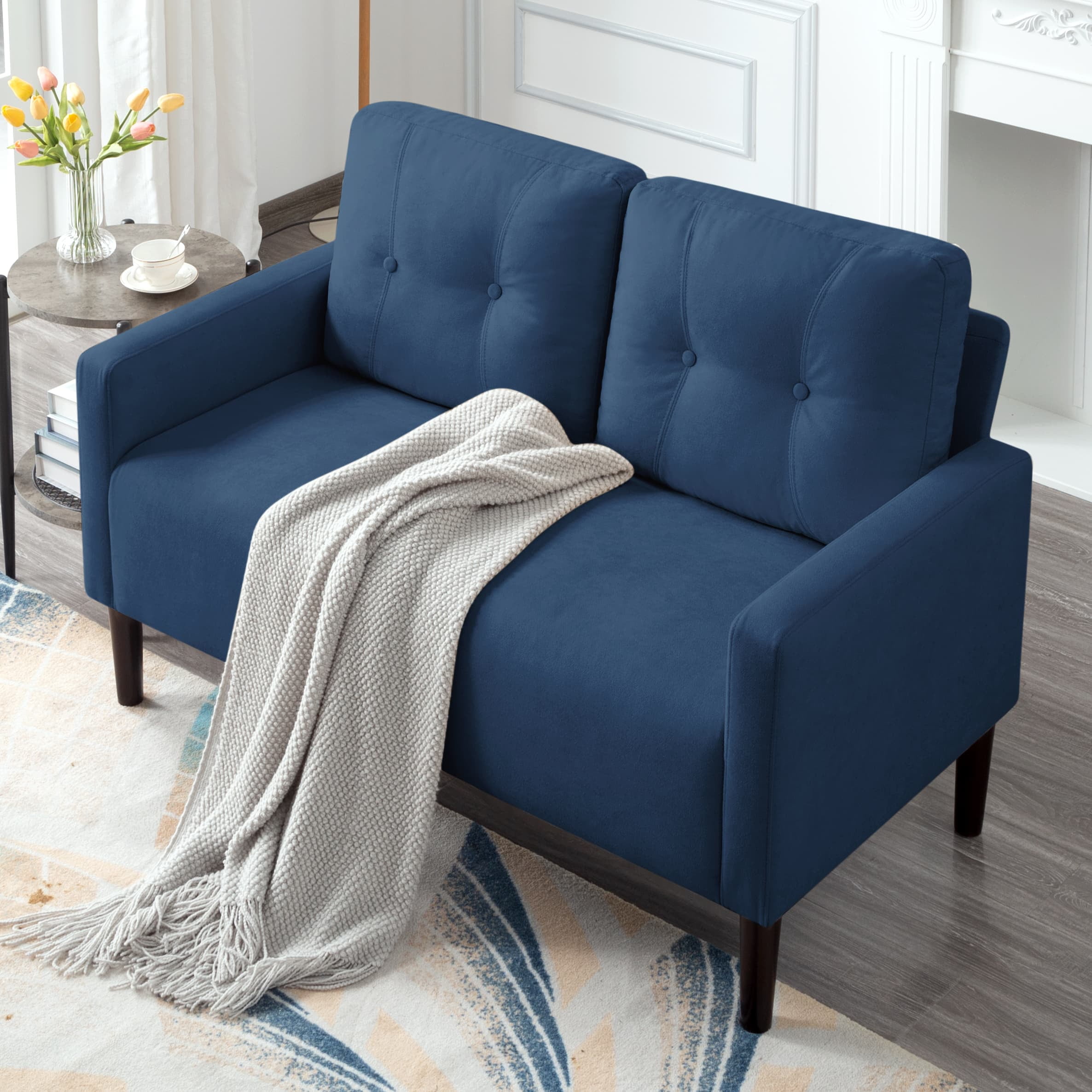 BSHTI 51.2”Loveseat Couch,Linen Blend Upholstery,Back Cushions are Removable,Solid Wood and Iron Combination,6 Colors for Choosing,Standard Couch(Navy Blue)