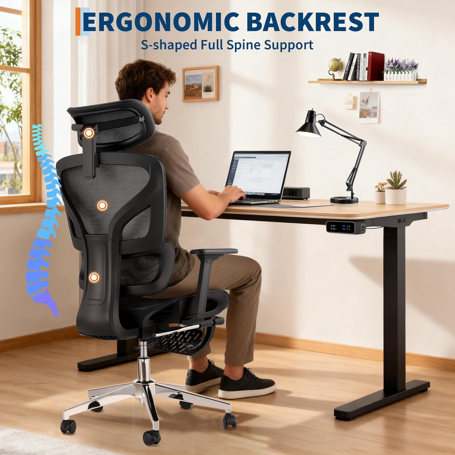 Ergonomic Mesh Office Chair with Footrest, Adjustable Armrests, Dynamic Lumbar Support, Recline & Tilt Function, High Back Design, Rolling Caster Computer Chair for Home Office, Black