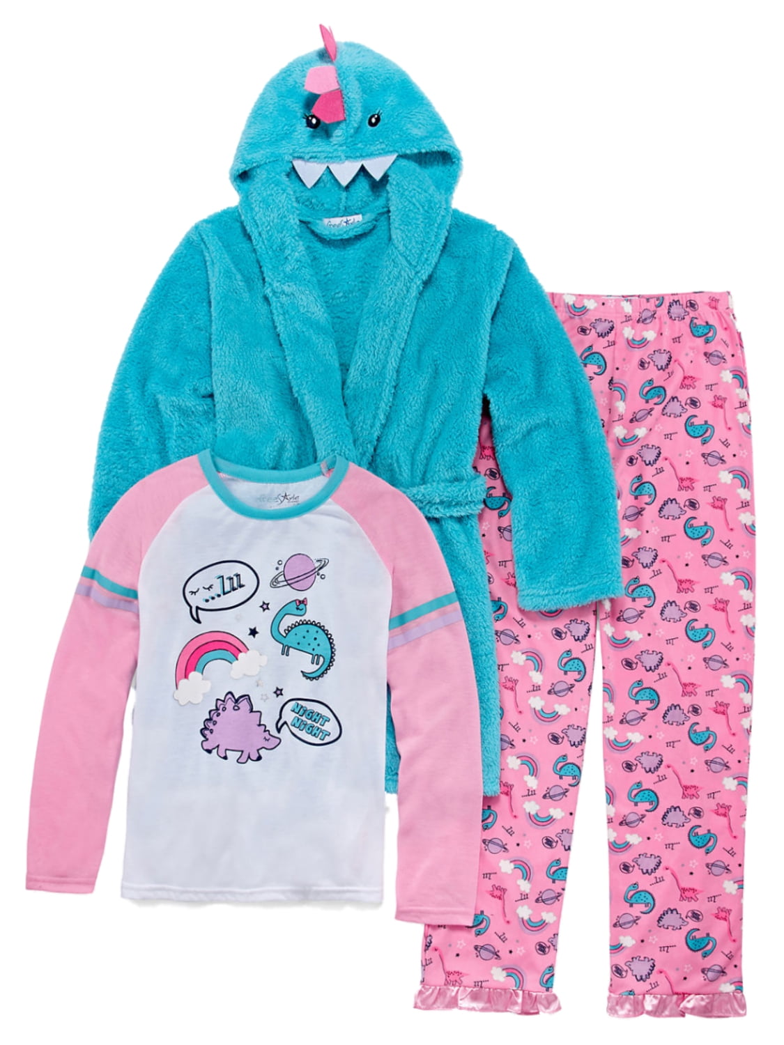 Girls 3pc Plush Blue & Pink Night Night Dinosaur Pajamas & Bath Robe