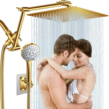 12'' Gold Rain Shower Head, High Pressure Rainfall Shower Head with 16 inch Adjustable Extension Arm，Flexible Adjust Height and Angle, 5 Setting Spray Handheld Shower Head, Anti-leak