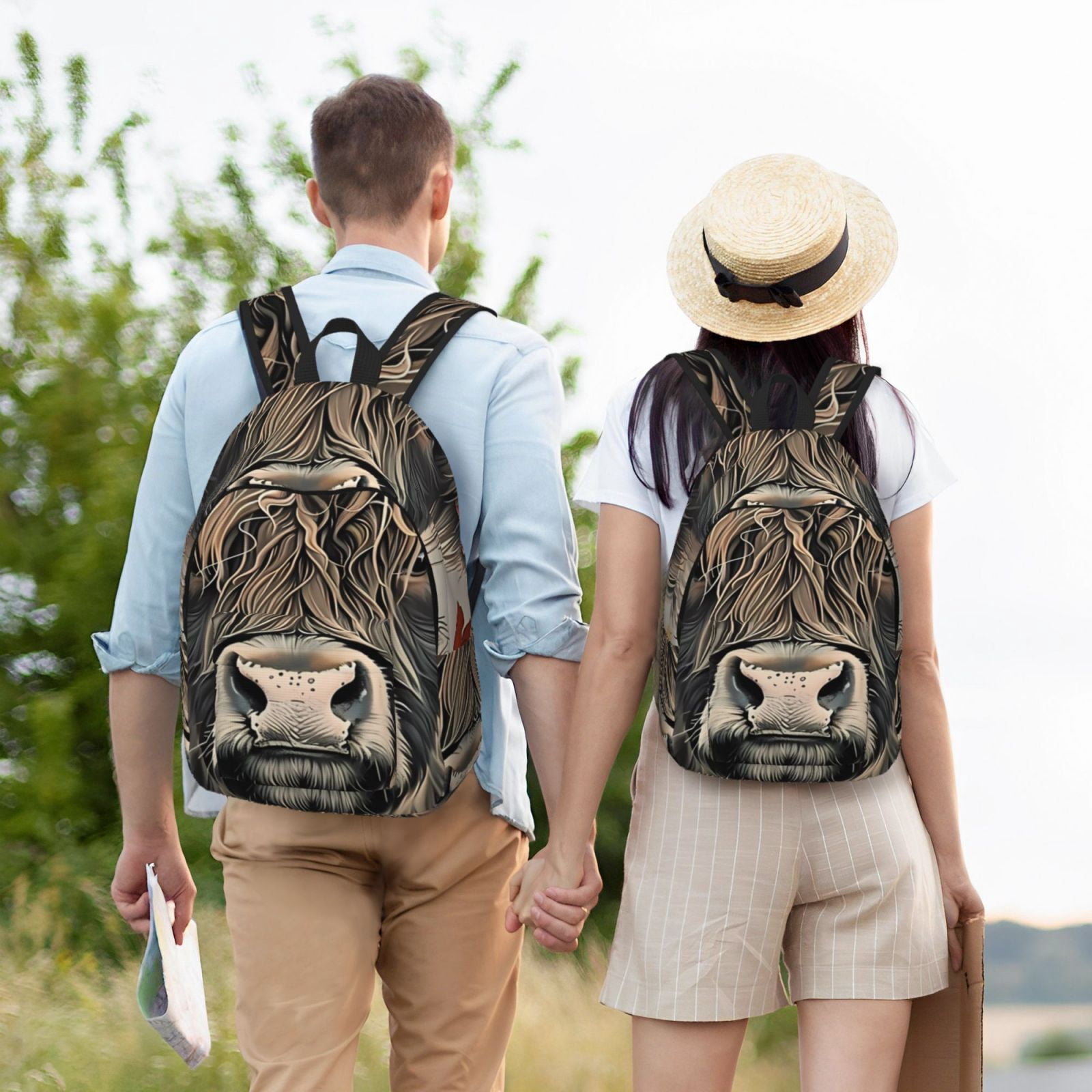 Vsdgher Butterfly Cow With Flowers Print Canvas Backpack Travel Rucksack Unisex Knapsack 15.7/17.7Inch Laptop Backpack for Work,College -Small