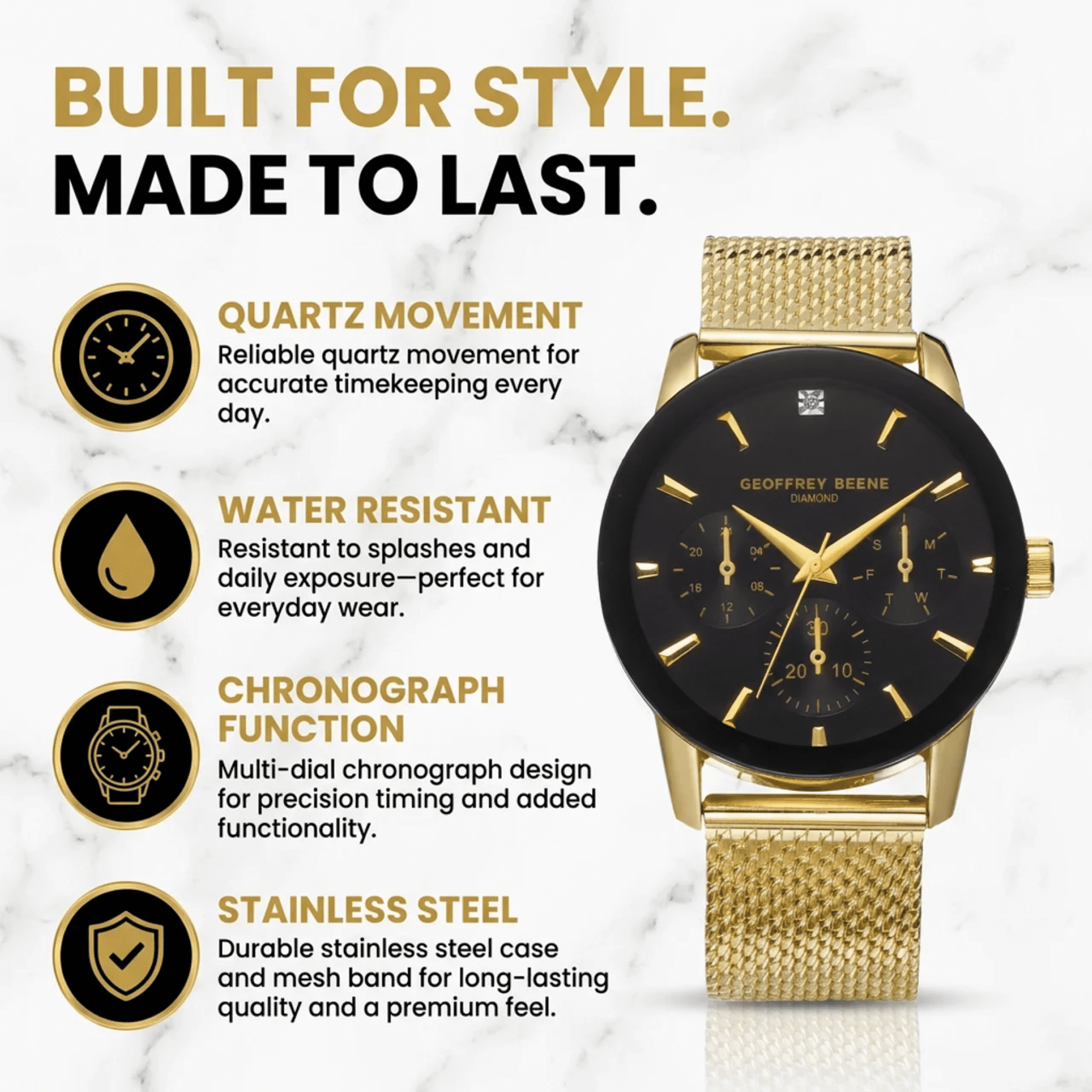 Men’s Gold Chronograph Watch – Stainless Steel Mesh Band, Luxury Dress Watch for Men, Quartz Movement, Water Resistant, Elegant Gift for Him