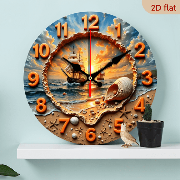A 10-inch 2D flat wooden silent wall clock with the theme of "Seashells and Yachts" is an excellent choice for decorating the interior walls and an ideal gift for various festivals.