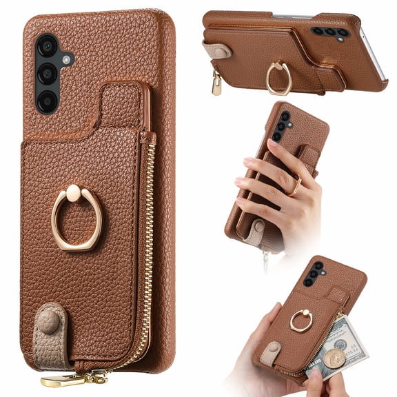 Allytech Wallet Case for Samsung Galaxy A17 5G, [Support Car Mount], Business PU Leather Ring Kickstand Cover with Card Slots & Zipper Pocket, RFID Blocking Shockproof Protective Case, Brown