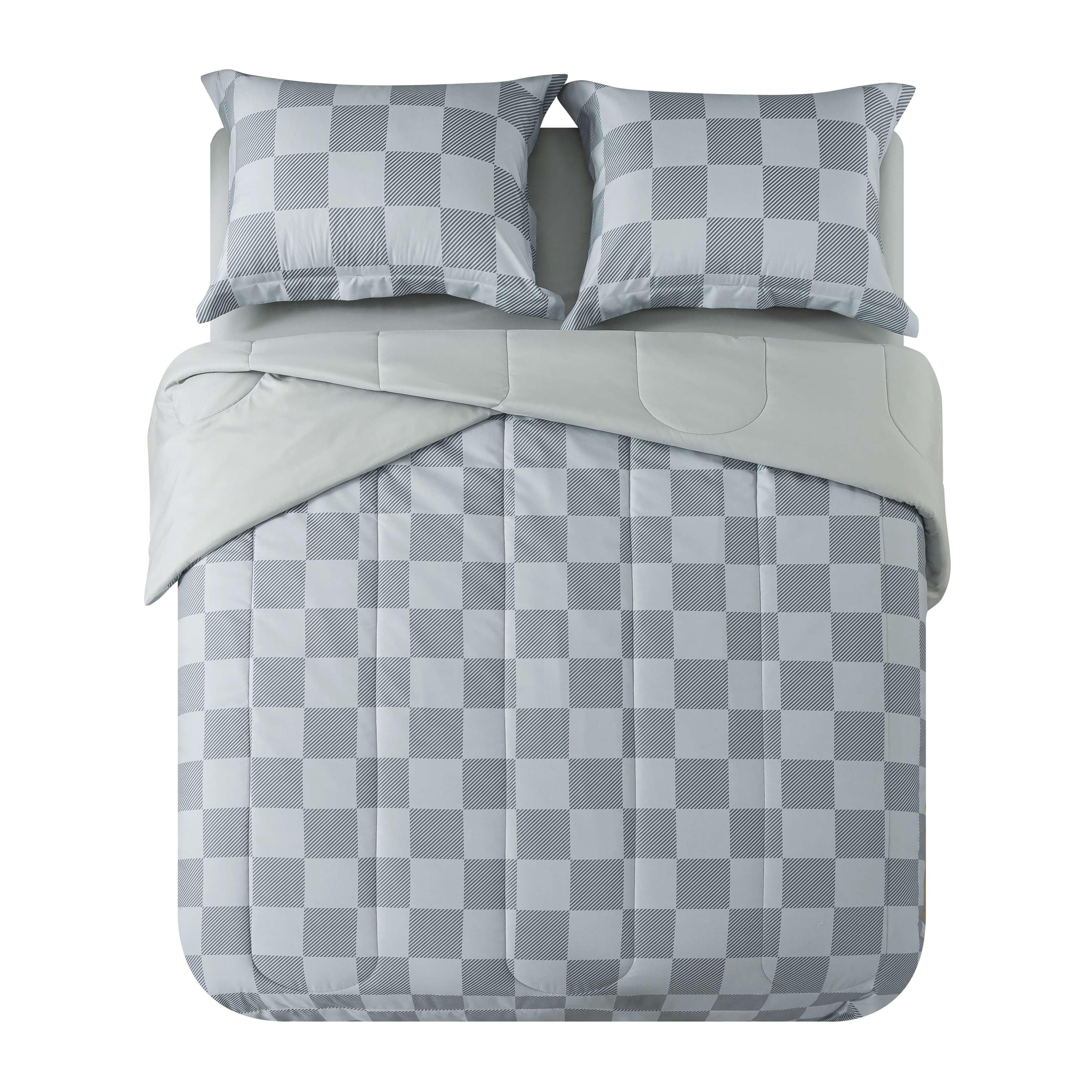 Mainstays 7 Piece Reversible Bed in a Bag Comforter Set with Sheets, Grey Check, Full