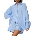thumbnail image 6 of pstuiky Pajamas for Women Set Summer Solid Color Comfortable Lounge Sets Lounge Loose Fit Collared Long Sleeve Pajama Sets with Shorts Sky Blue L, 6 of 8